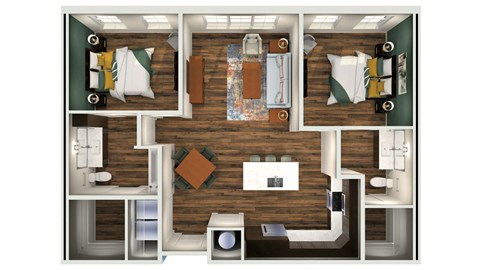 a 3d rendering of a 1 bedroom floor plan with a bathroom and a kitchen
